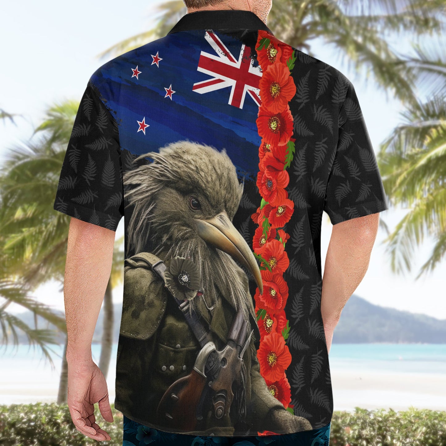 Neuseeländischer Kiwi-Soldat ANZAC Hawaiihemd mit rotem Mohnblüten- und silbernem Farnmuster LT03