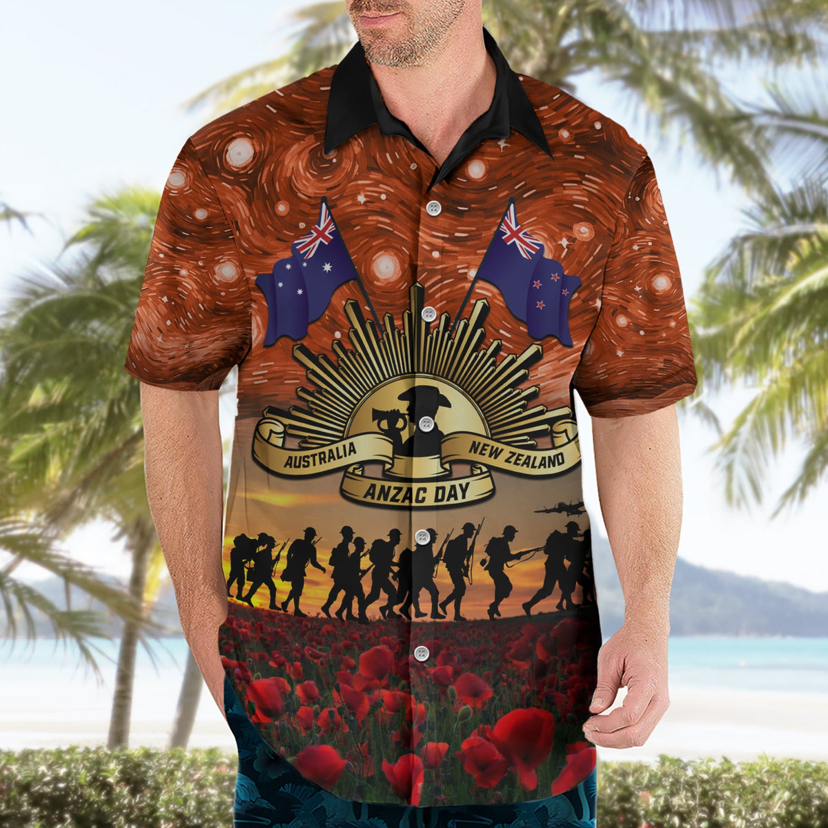 Das aufgehende Sonnenabzeichen ANZAC Hawaiihemd Letzter Beitrag Mohnfeld Sternennacht Stil LT03