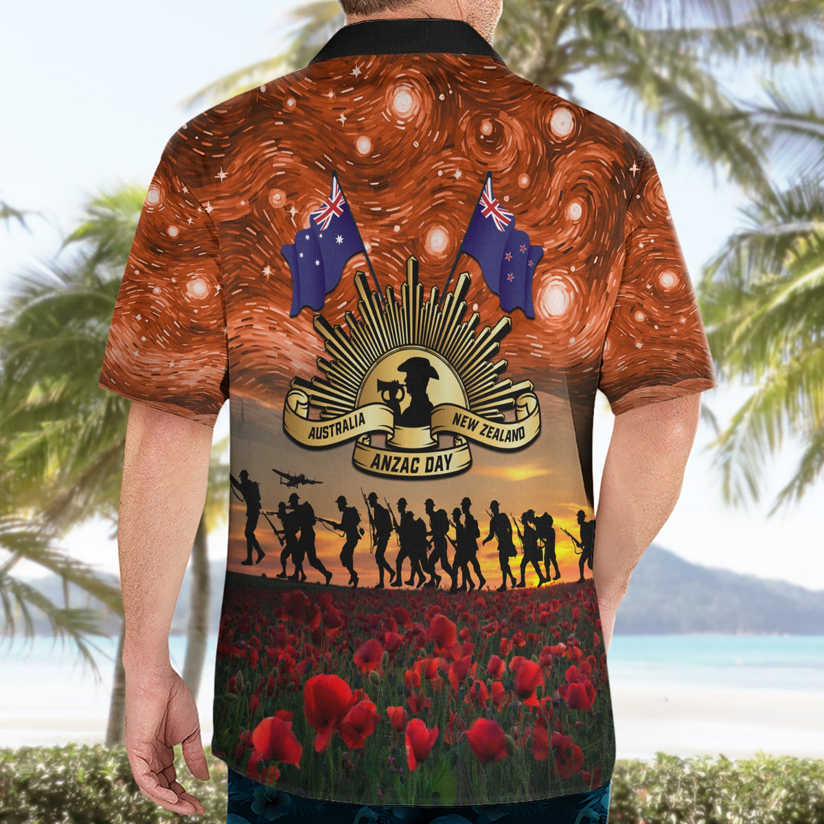 Das aufgehende Sonnenabzeichen ANZAC Hawaiihemd Letzter Beitrag Mohnfeld Sternennacht Stil LT03