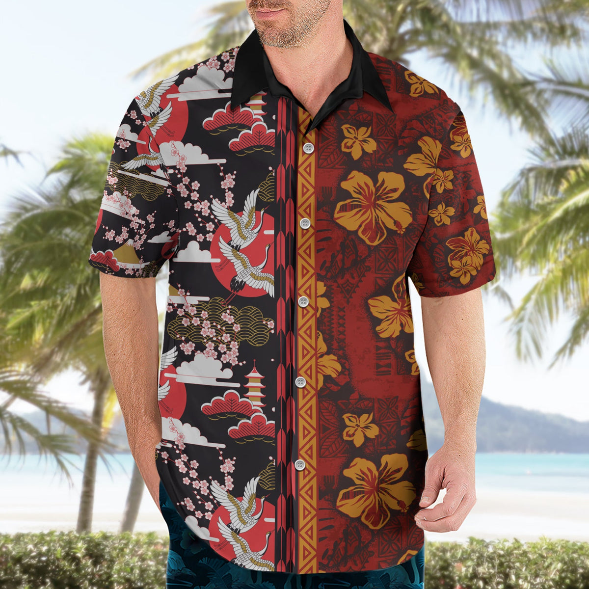 Japanische Kultur Hawaii-Stil Hawaiihemd Hawaiianisches Stammes- und japanisches Muster zusammen Kultur LT03