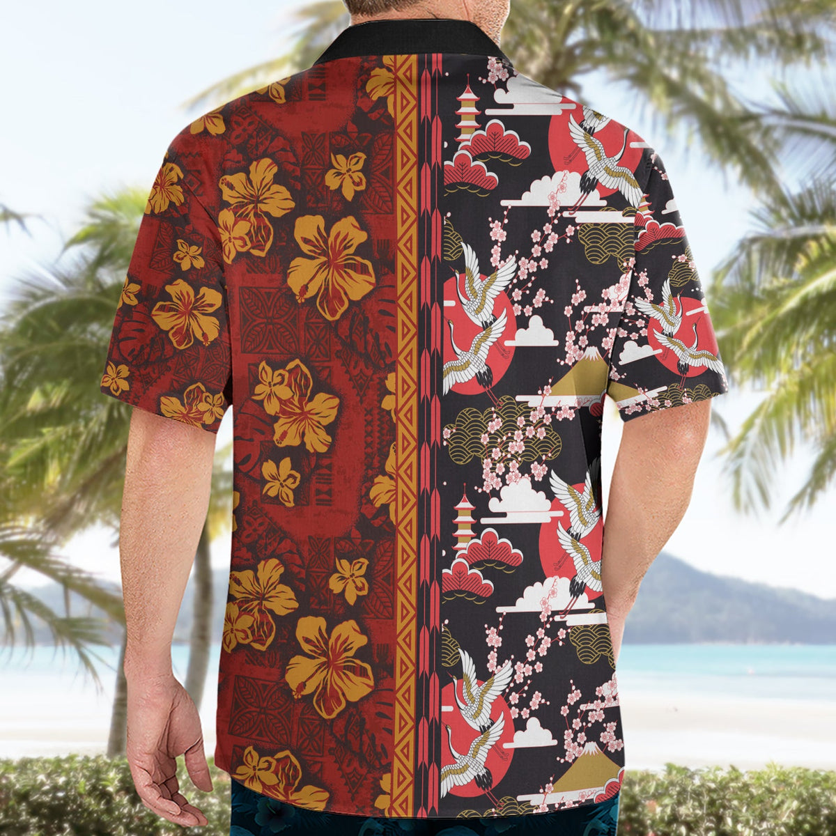 Japanische Kultur Hawaii-Stil Hawaiihemd Hawaiianisches Stammes- und japanisches Muster zusammen Kultur LT03