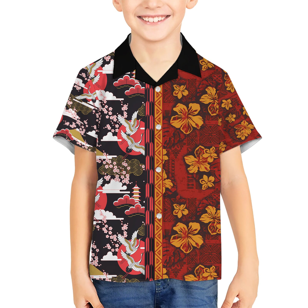 Japanische Kultur Hawaii-Stil Hawaiihemd Hawaiianisches Stammes- und japanisches Muster zusammen Kultur LT03