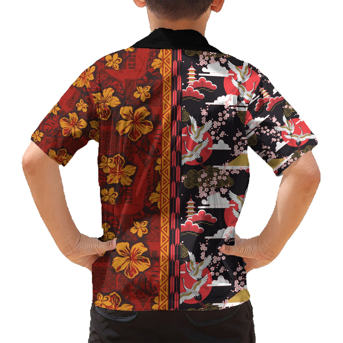 Japanische Kultur Hawaii-Stil Hawaiihemd Hawaiianisches Stammes- und japanisches Muster zusammen Kultur LT03