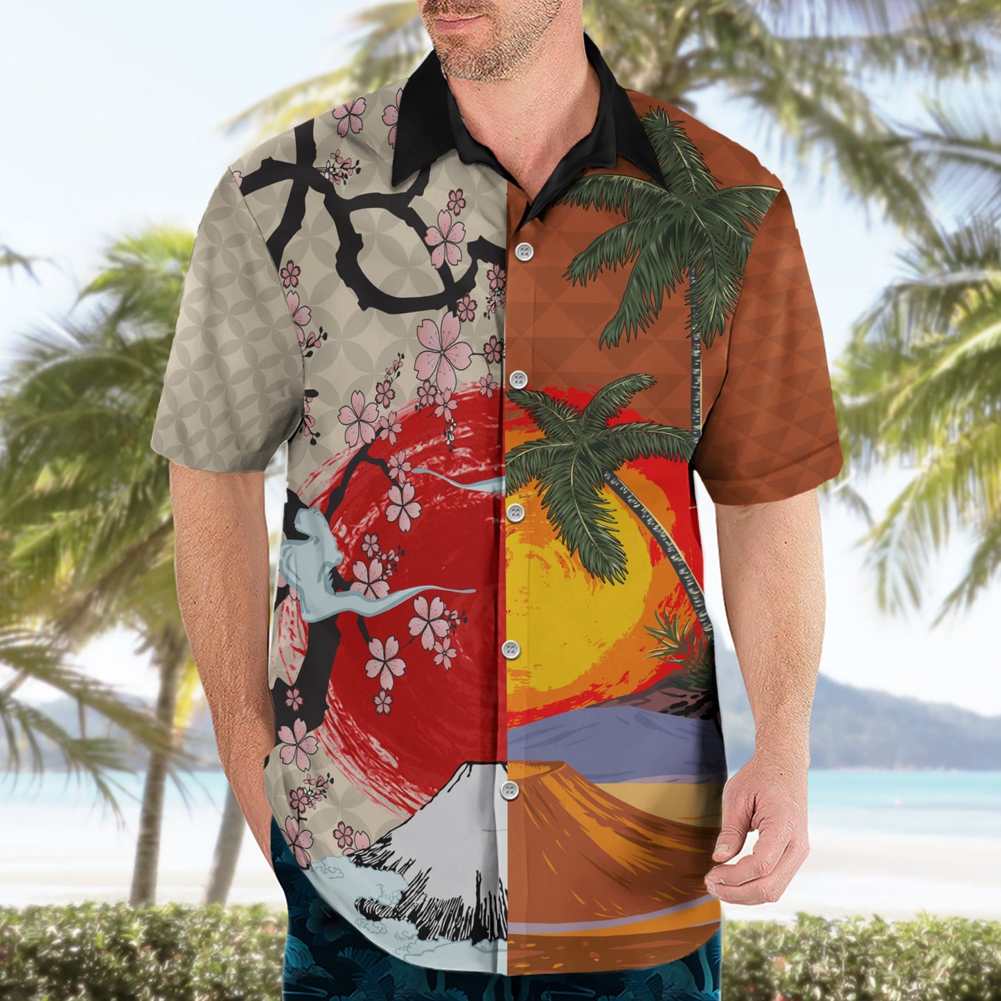 Hawaiihemd im japanischen Kulturstil Mauna Kea und Fuji-Berge LT03