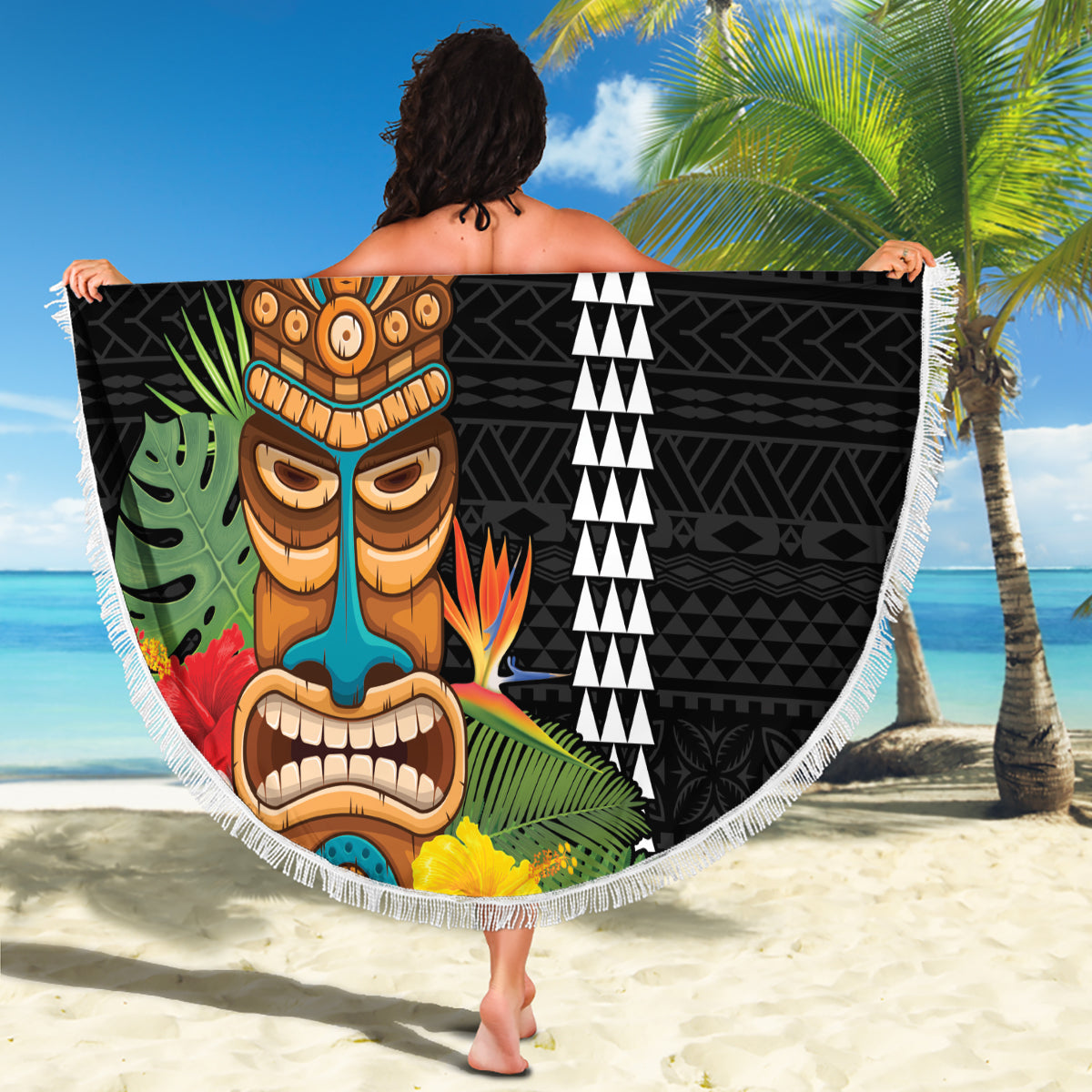 Benutzerdefinierte Neuseeland Rugby Stranddecke schwarz Farn Maori Tribal Muster LT03