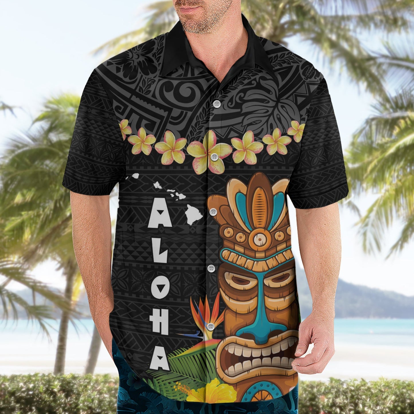 Hawaii Plumeria Lei Hawaiihemd Tiki und Kakau Muster Schwarz Farbe LT03