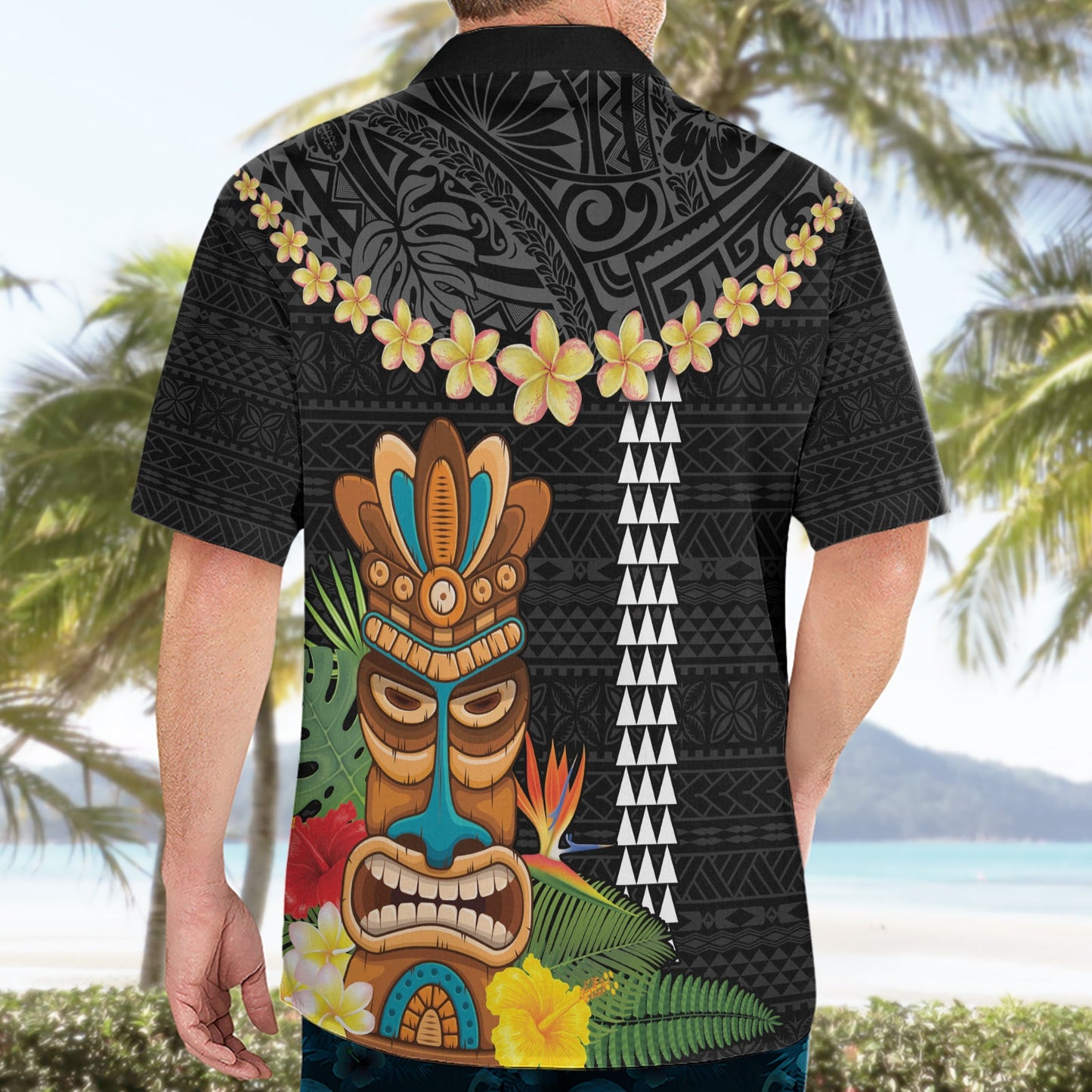 Hawaii Plumeria Lei Hawaiihemd Tiki und Kakau Muster Schwarz Farbe LT03