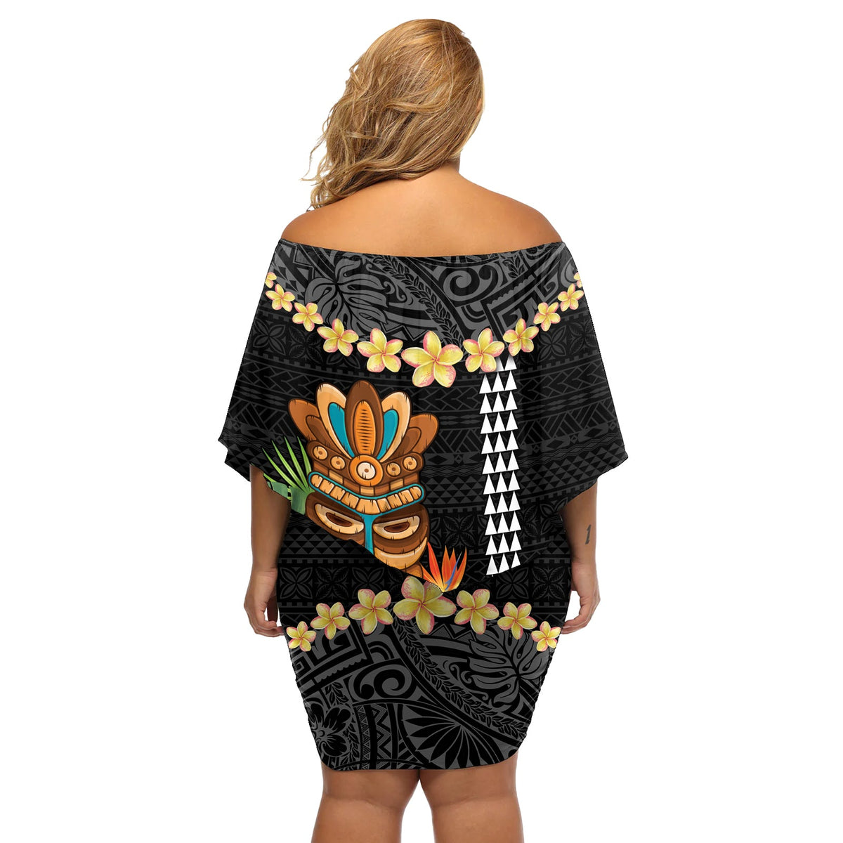 Hawaii Plumeria Lei Off Shoulder Kurzes Kleider blumen Tiki und Kakau Muster Schwarz Farbe LT03