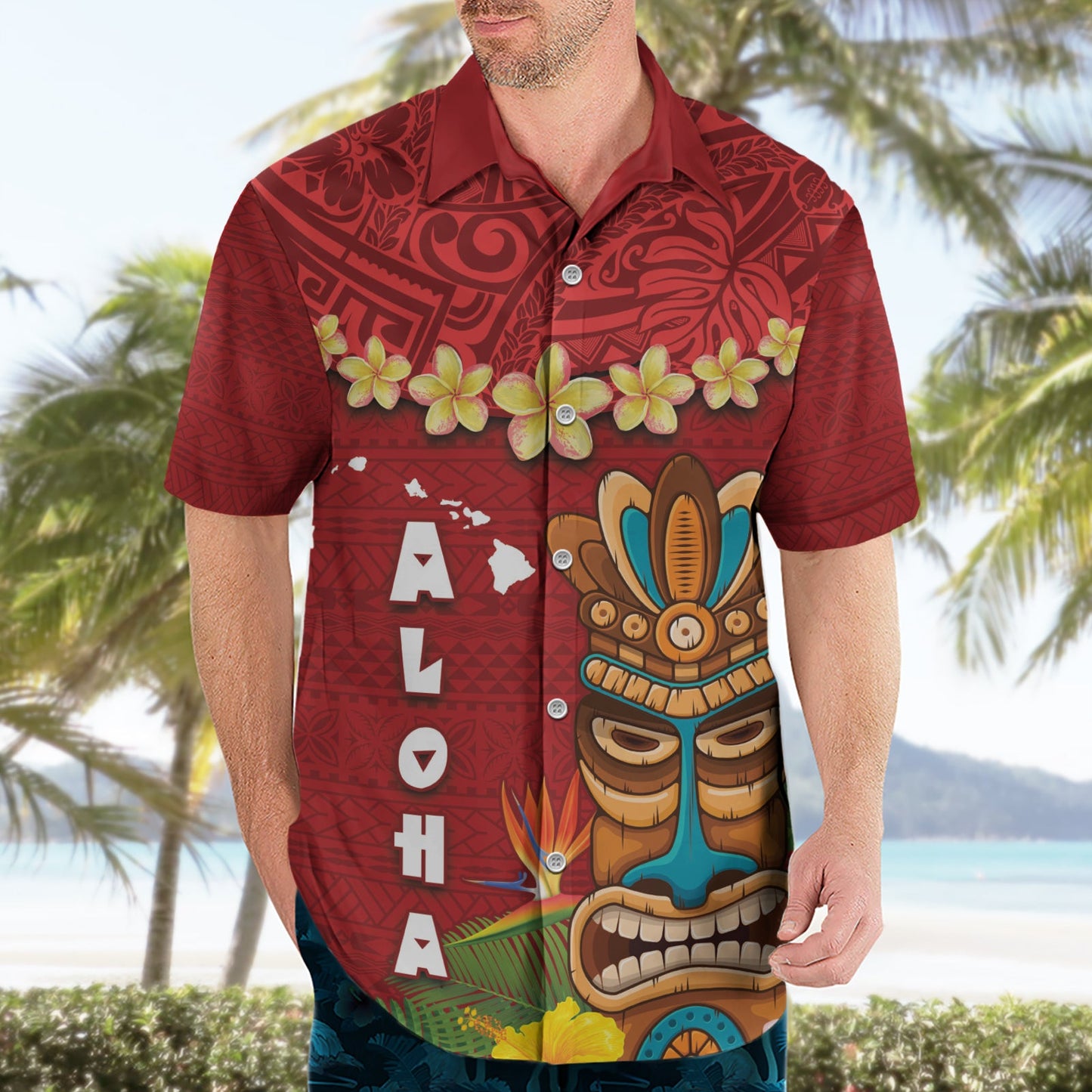 Hawaii Plumeria Lei Hawaiihemd Tiki und Kakau Muster Rot Farbe LT03
