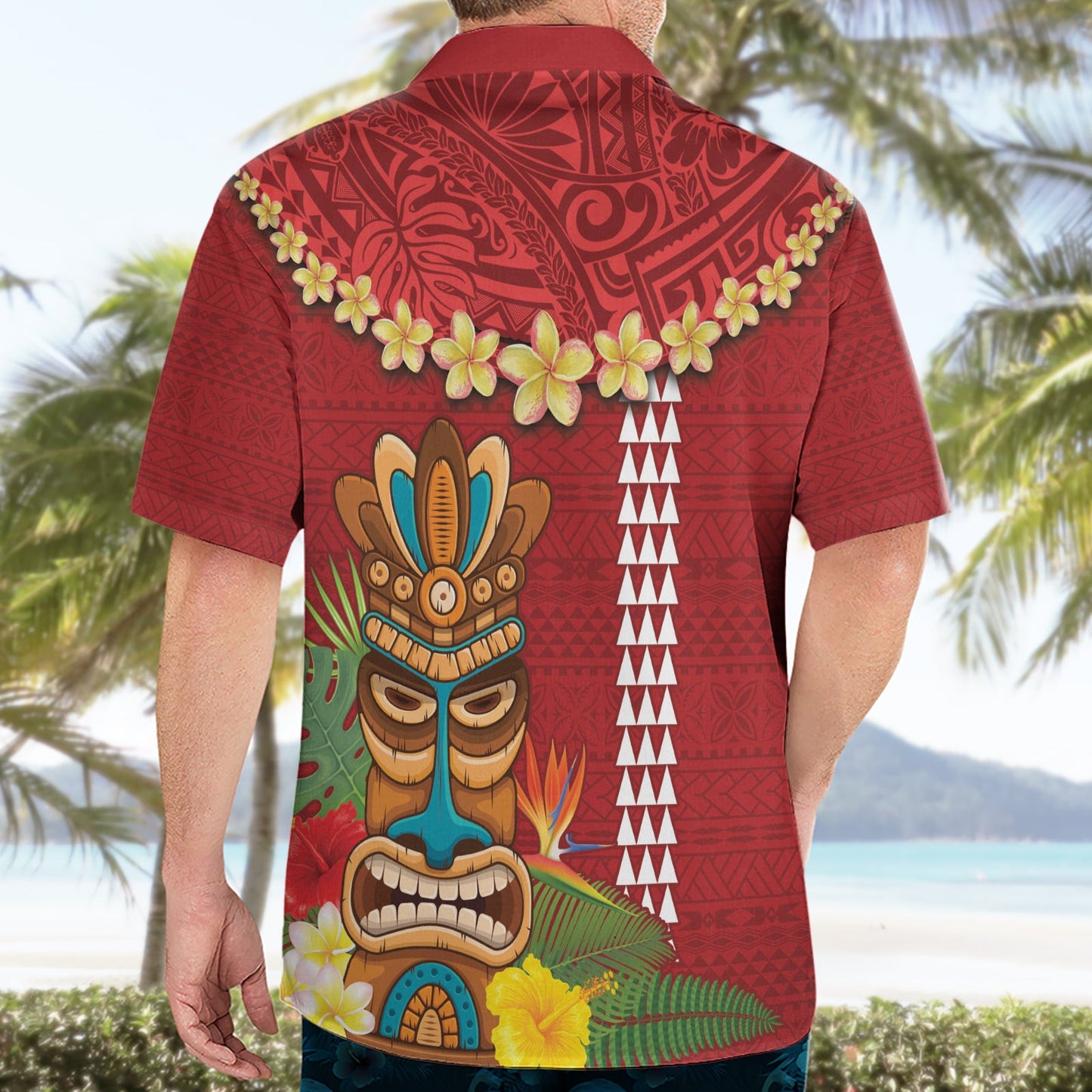 Hawaii Plumeria Lei Hawaiihemd Tiki und Kakau Muster Rot Farbe LT03