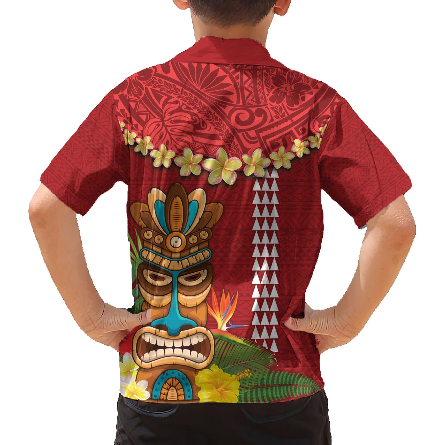 Hawaii Plumeria Lei Hawaiihemd Tiki und Kakau Muster Rot Farbe LT03