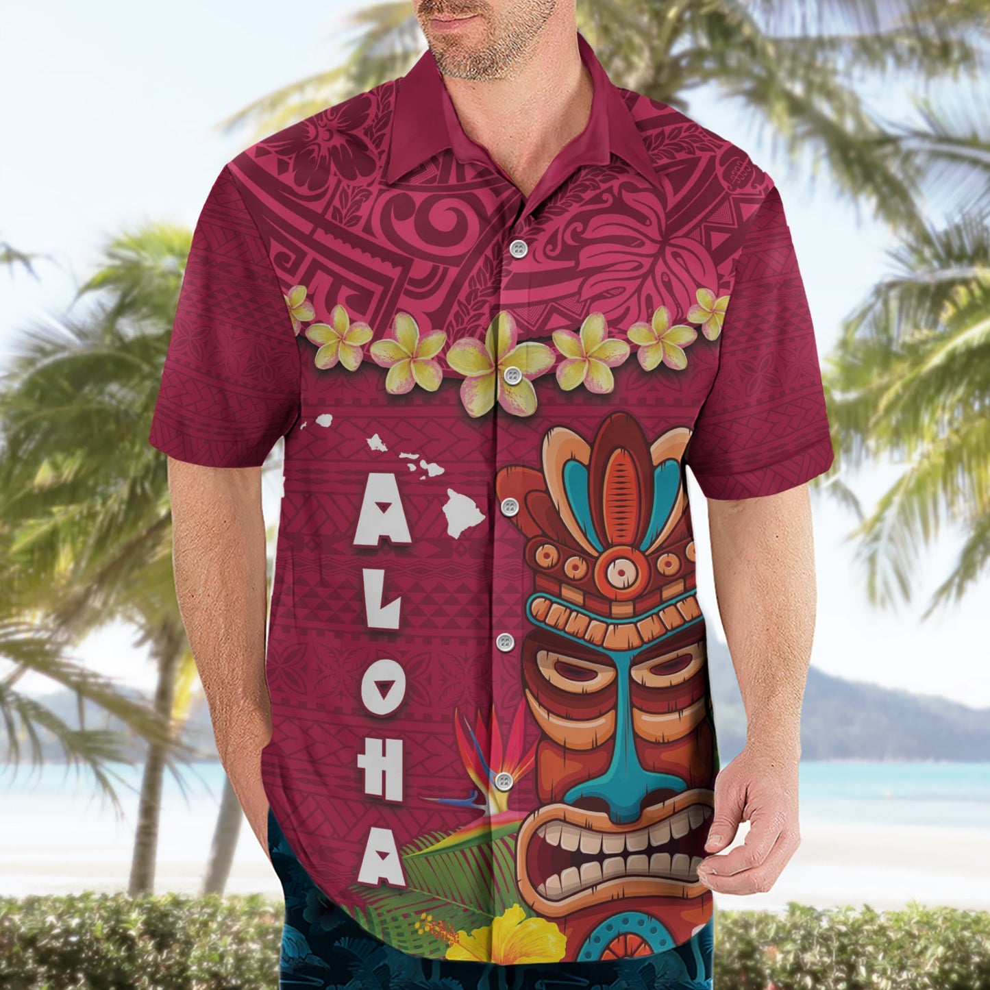 Hawaii Plumeria Lei Hawaiihemd Tiki und Kakau Muster Rosa Farbe LT03