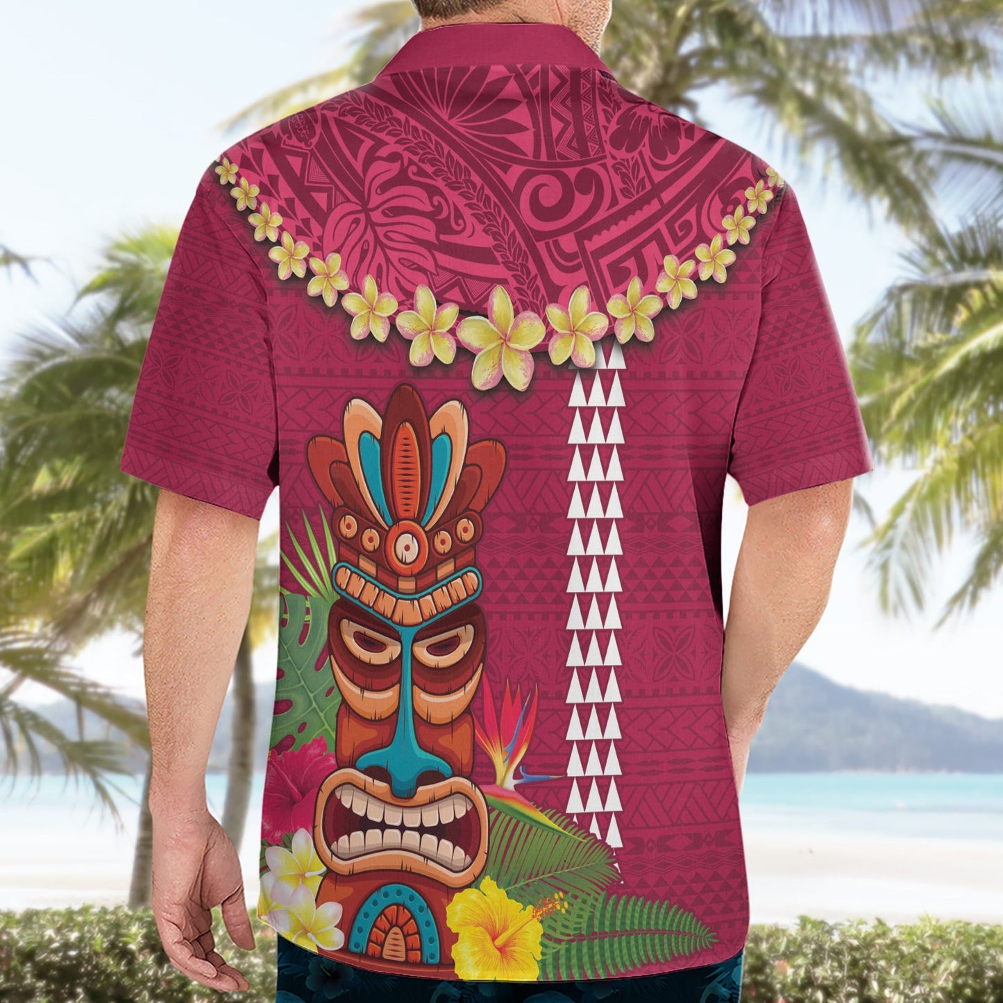 Hawaii Plumeria Lei Hawaiihemd Tiki und Kakau Muster Rosa Farbe LT03