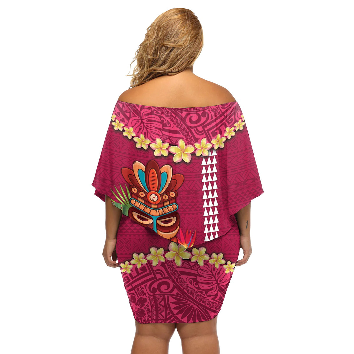 Hawaii Plumeria Lei Off Shoulder Kurzes Kleider blumen Tiki und Kakau Muster Rosa Farbe LT03