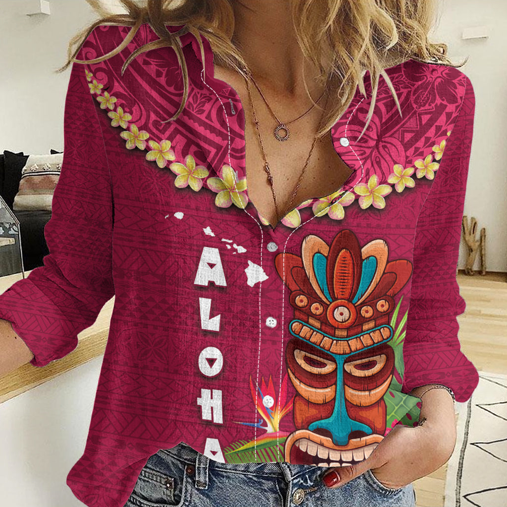 Hawaii Plumeria Lei Women Casual Shirt Tiki and Kakau Pattern Pink Color