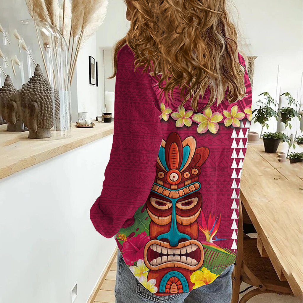 Hawaii Plumeria Lei Damen Freizeithemd Tiki und Kakau Muster Rosa Farbe LT03