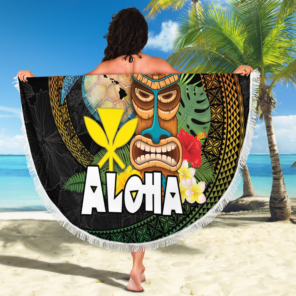 Cyan Polynesien Stranddecke Polynesische Schildkröte Hai Tattoo Tropical Vintage LT14