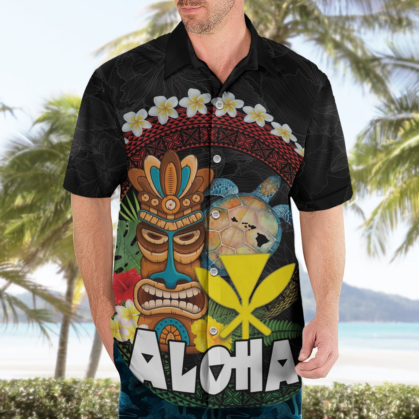 Aloha Hawaii Hawaiihemd Kanaka Maoli mit polynesischer Spirale Plumeria LT03