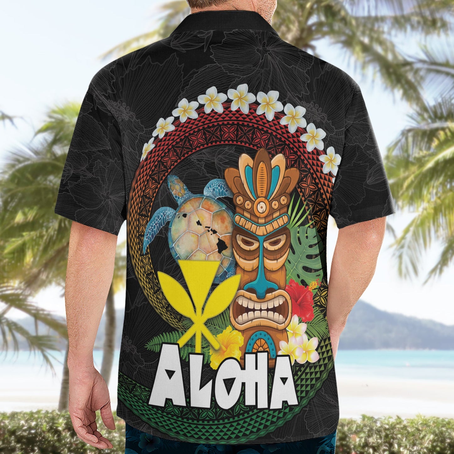 Aloha Hawaii Hawaiihemd Kanaka Maoli mit polynesischer Spirale Plumeria LT03