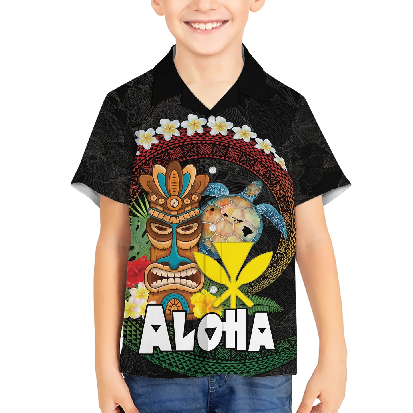 Aloha Hawaii Hawaiihemd Kanaka Maoli mit polynesischer Spirale Plumeria LT03
