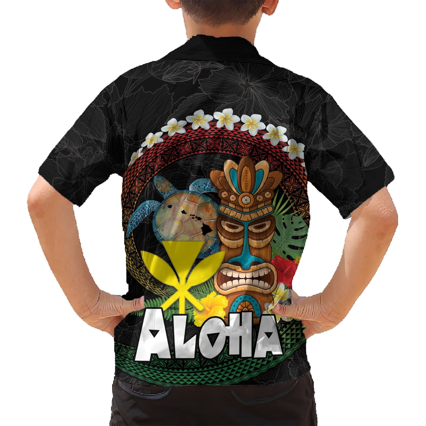 Aloha Hawaii Hawaiihemd Kanaka Maoli mit polynesischer Spirale Plumeria LT03