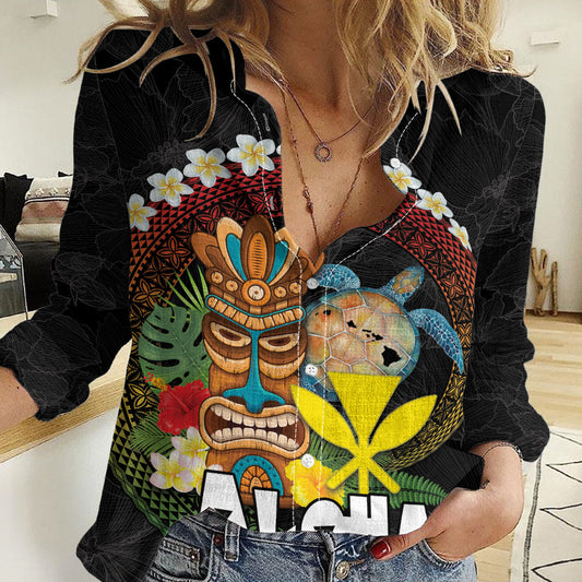 Aloha Hawaii Women Casual Shirt Kanaka Maoli with Polynesian Spiral Plumeria
