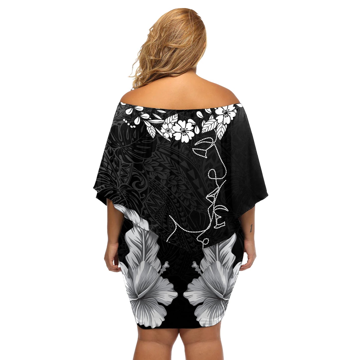 Hawaii Valentinstag Schulterfreies Kurzes Kleid blumen Polynesian Line Art Liebespaar Hibiskus Tribal Muster LT03