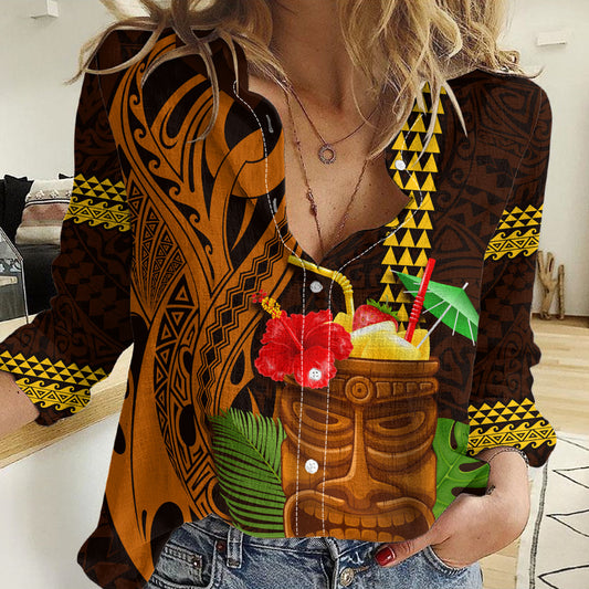 Hawaii Tiki Mask Cocktail Women Casual Shirt Kakau Tattoo LT03 Female Brown - Polynesian Pride