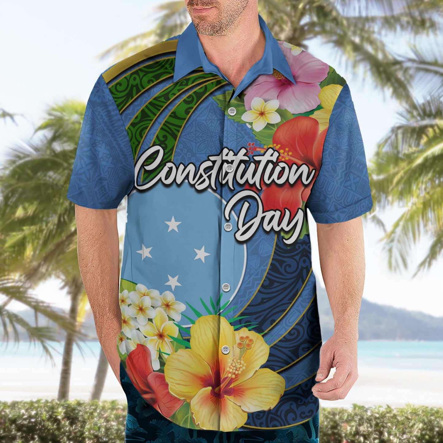 Mikronesien Verfassungstag Hawaiihemd Hibiskus und Tapa Tribal Muster LT03