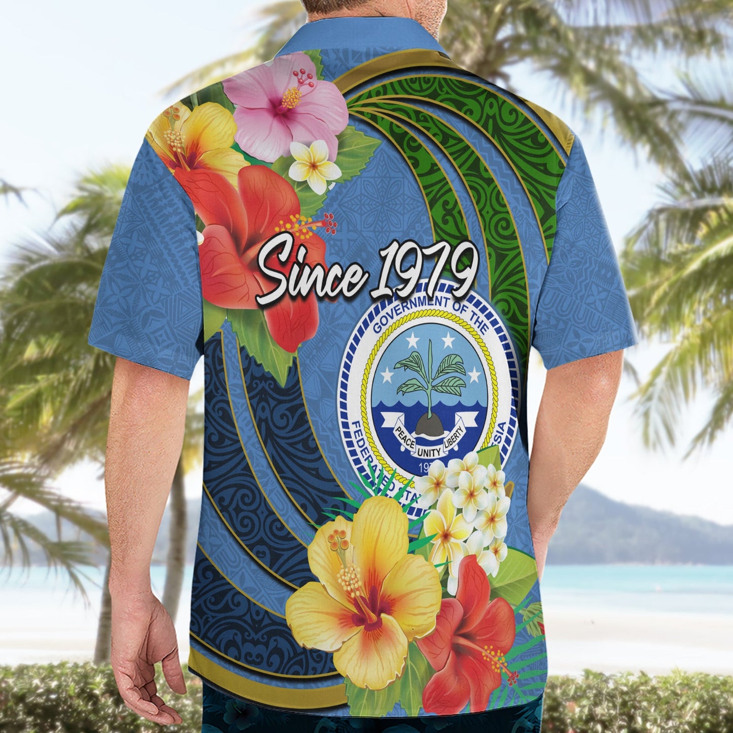 Mikronesien Verfassungstag Hawaiihemd Hibiskus und Tapa Tribal Muster LT03