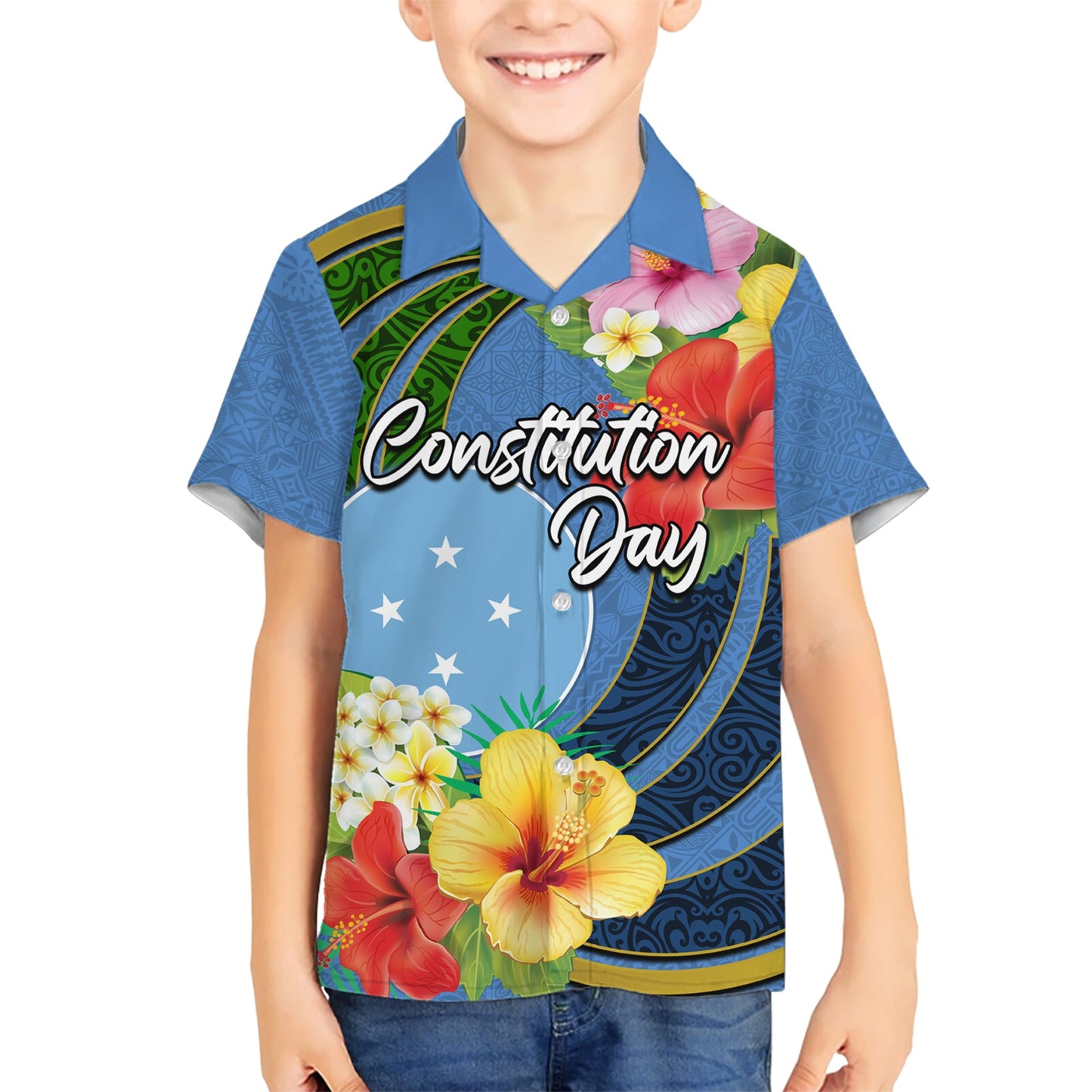 Mikronesien Verfassungstag Hawaiihemd Hibiskus und Tapa Tribal Muster LT03