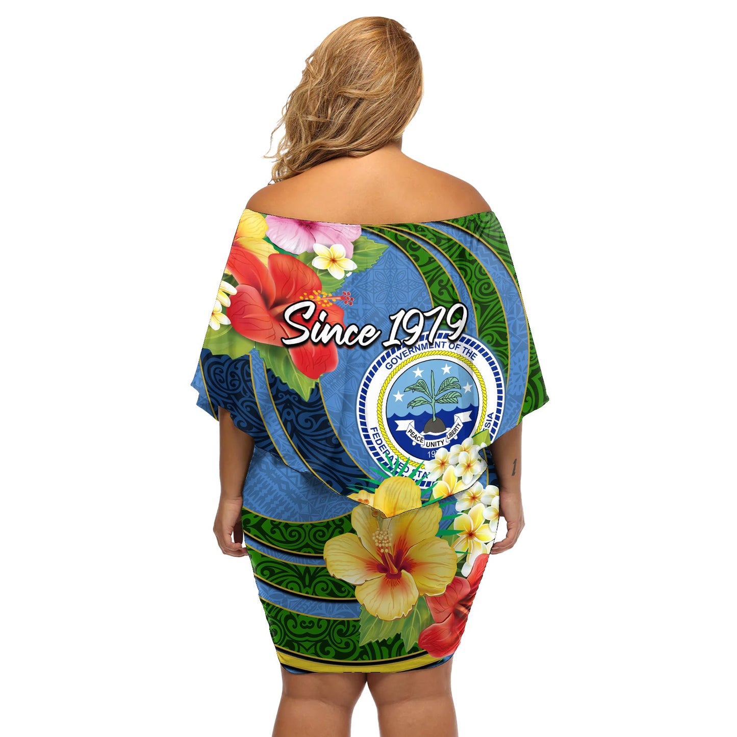 Mikronesien Verfassungstag Schulterfreies Kurzes Kleid blumen Hibiskus und Tapa Tribal Muster LT03