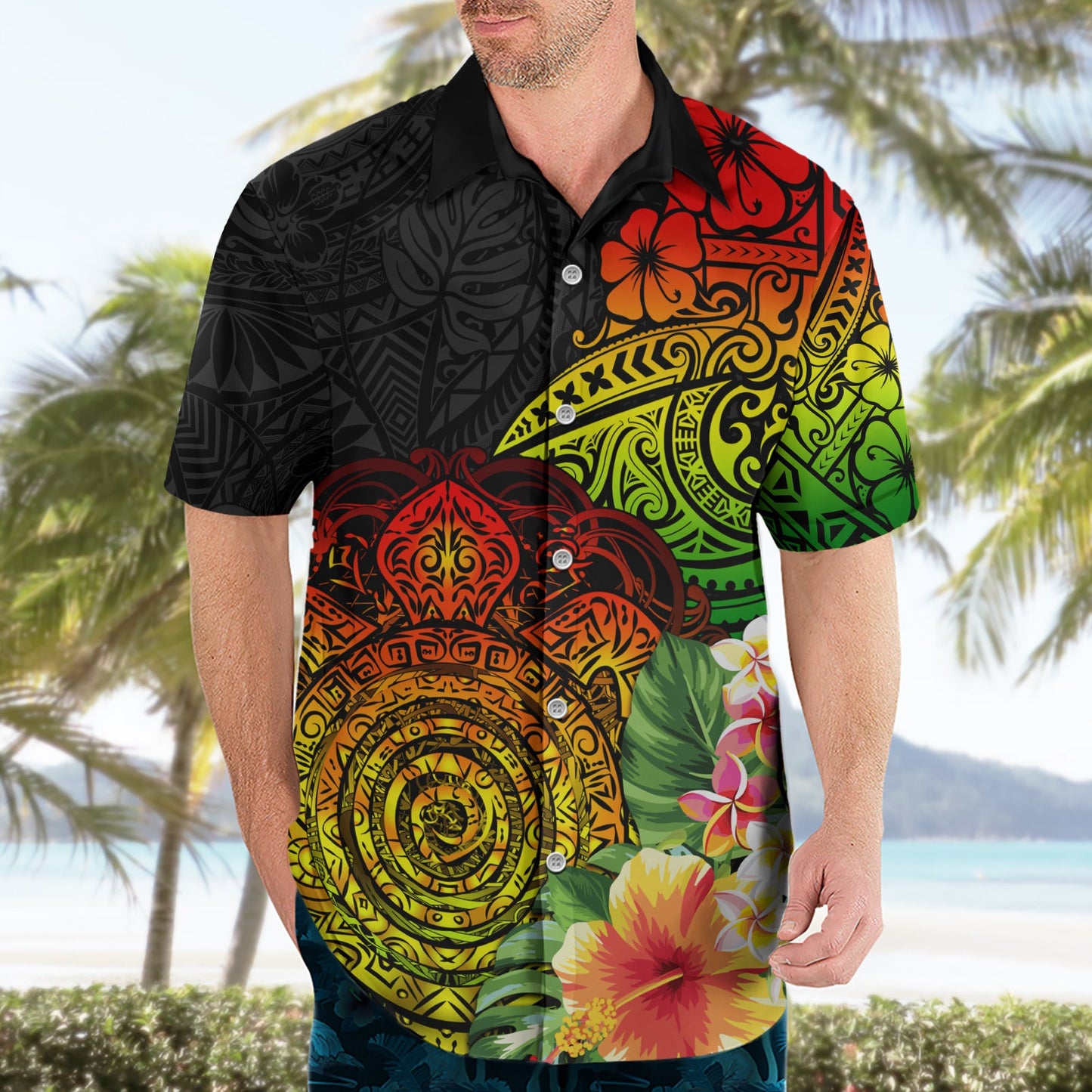 Polynesien Victory Day Hawaiihemd Tribal Schildkröte und Hibiskus LT03
