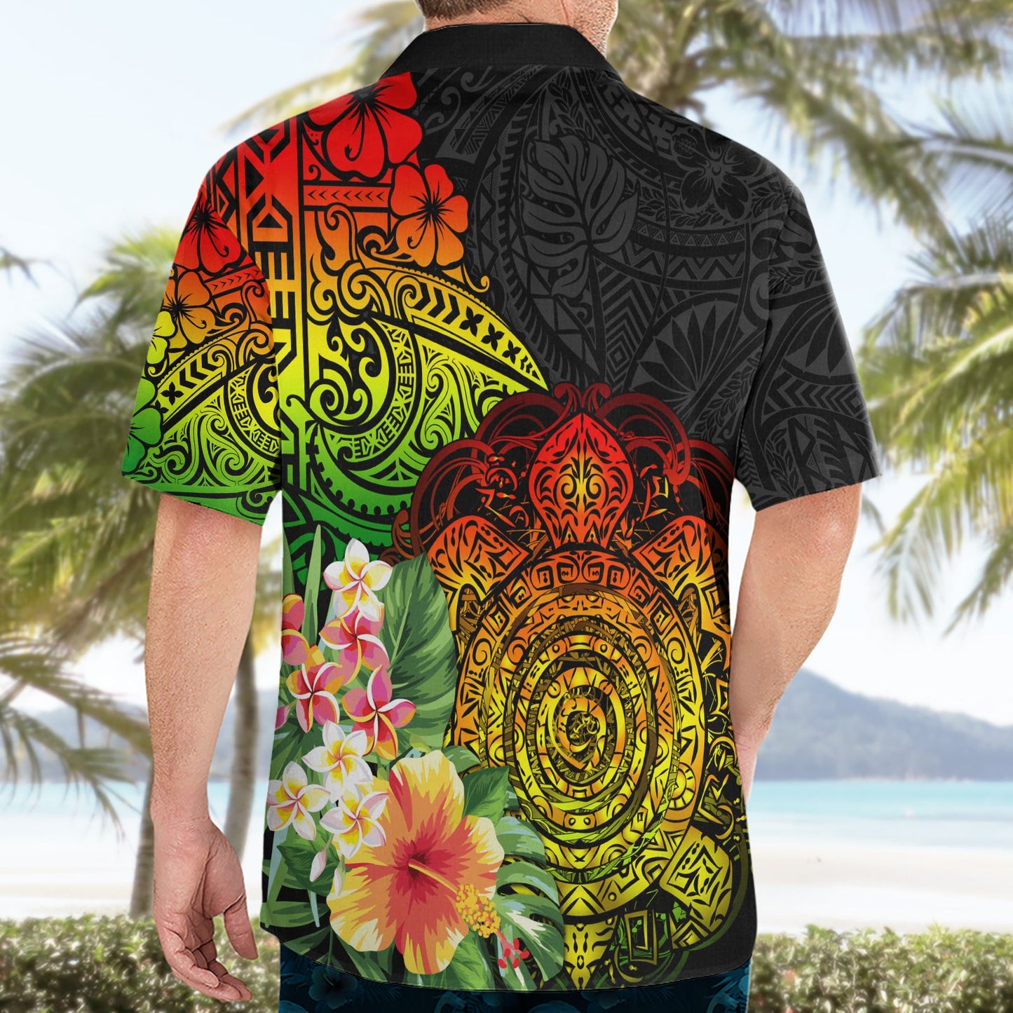 Polynesien Victory Day Hawaiihemd Tribal Schildkröte und Hibiskus LT03