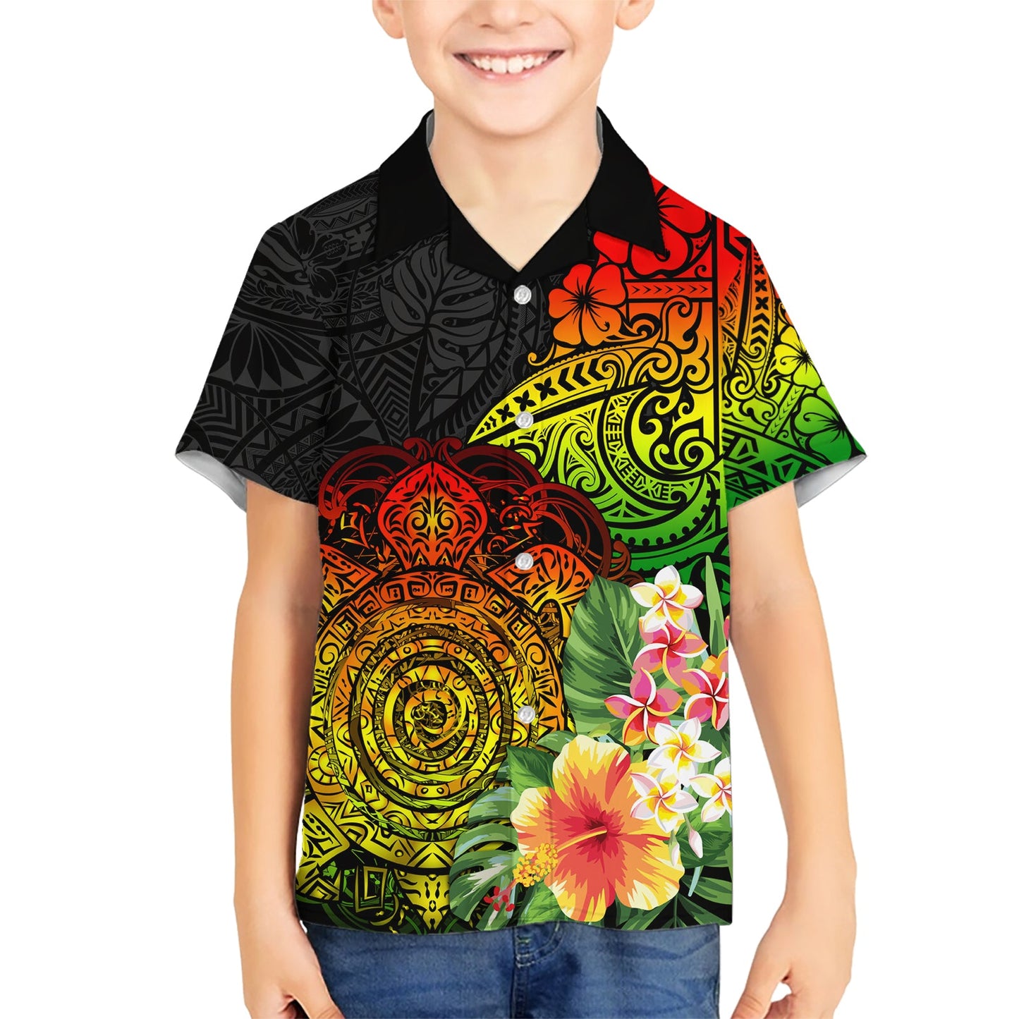 Polynesien Victory Day Hawaiihemd Tribal Schildkröte und Hibiskus LT03