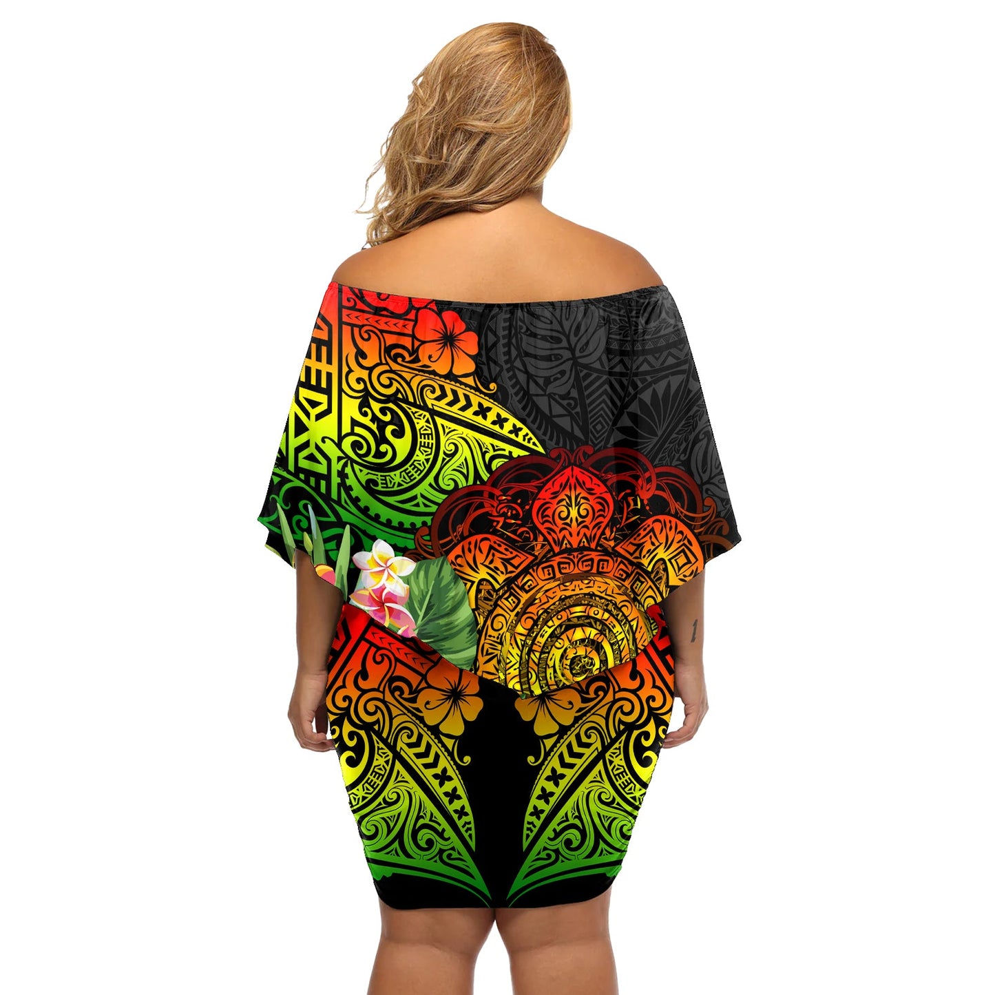 Polynesien Victory Day Schulterfreies Kurzes Kleid blumen Tribal Turtle und Hibiscus LT03