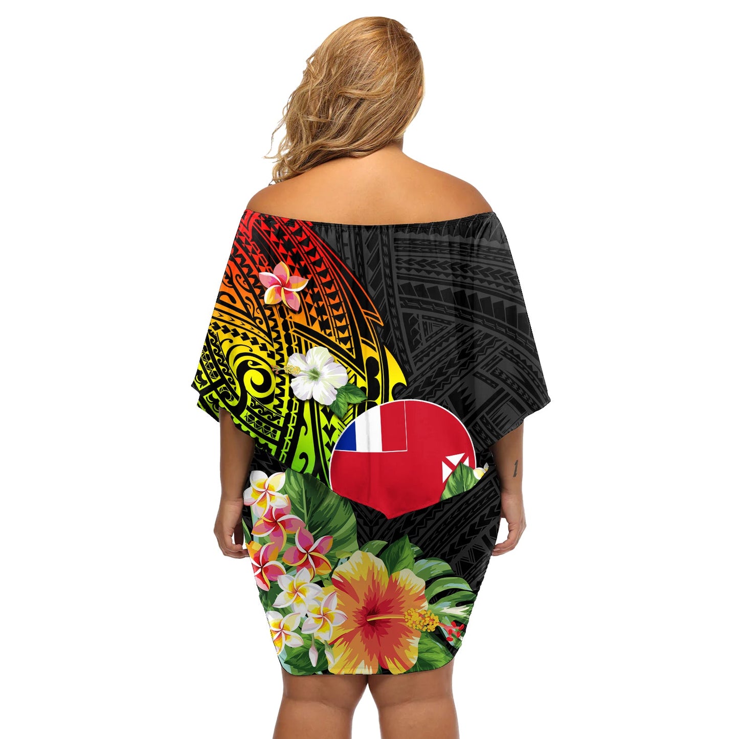 Wallis und Futuna Tag des Sieges Schulterfreies Kurzes Kleid blumen Tribal Polynesian Tattoo und Hibiskusblüte LT03
