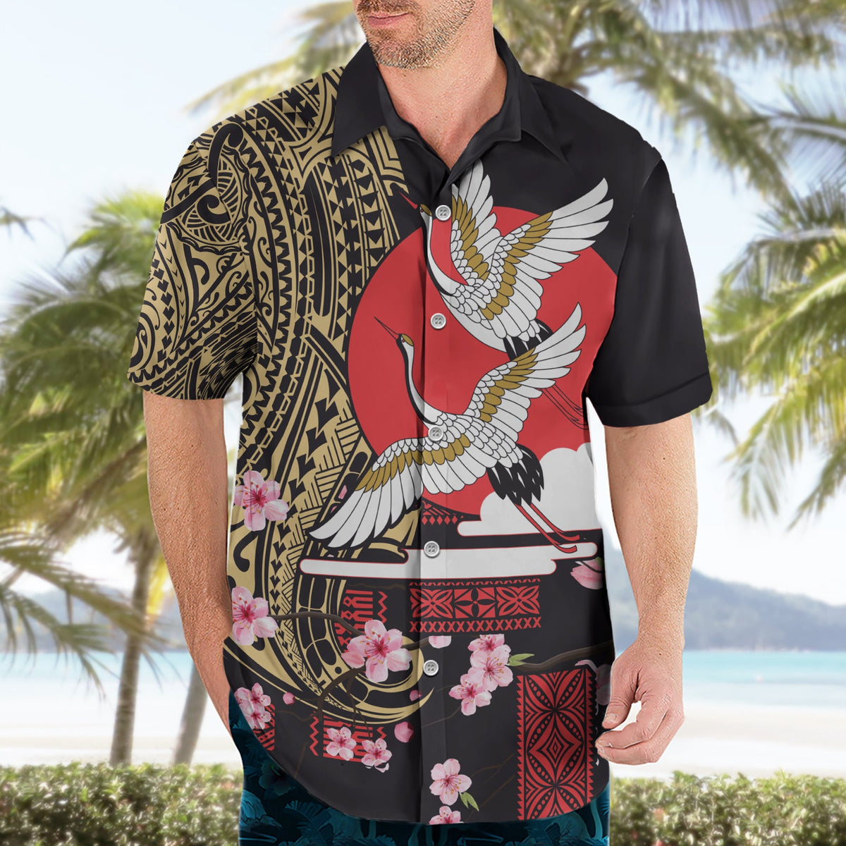 Japanische Kultur und Hawaiianisches Stammes-Hawaii-Hemd Sakura Blossom Tapa Muster LT03
