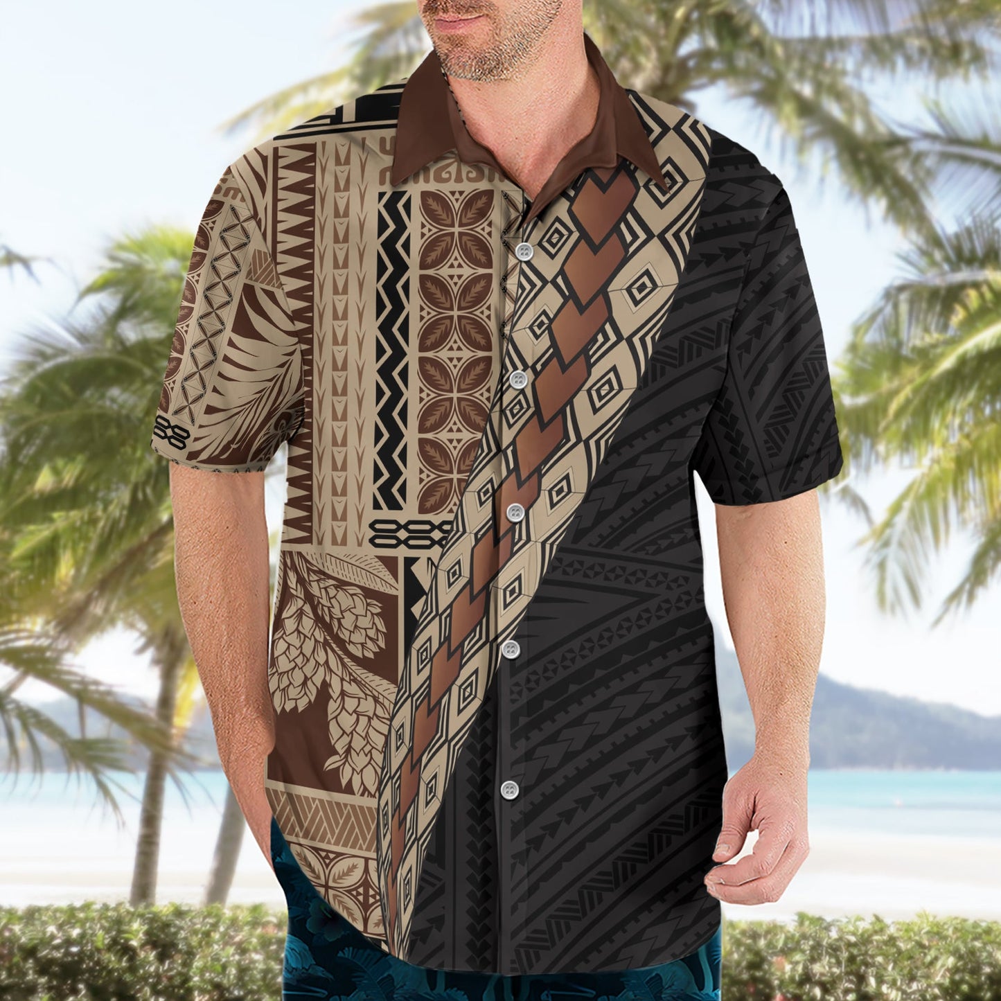 Hawaiihemd im Halbstil mit Samoa-Siapo-Motiv, braune Version LT03
