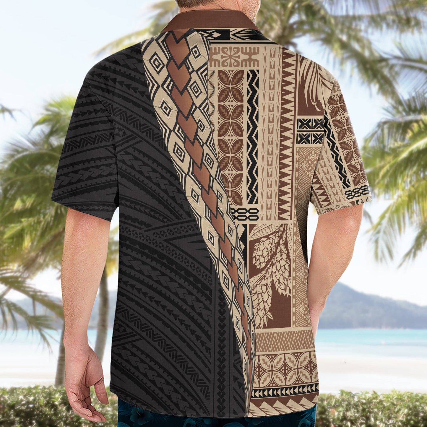 Hawaiihemd im Halbstil mit Samoa-Siapo-Motiv, braune Version LT03