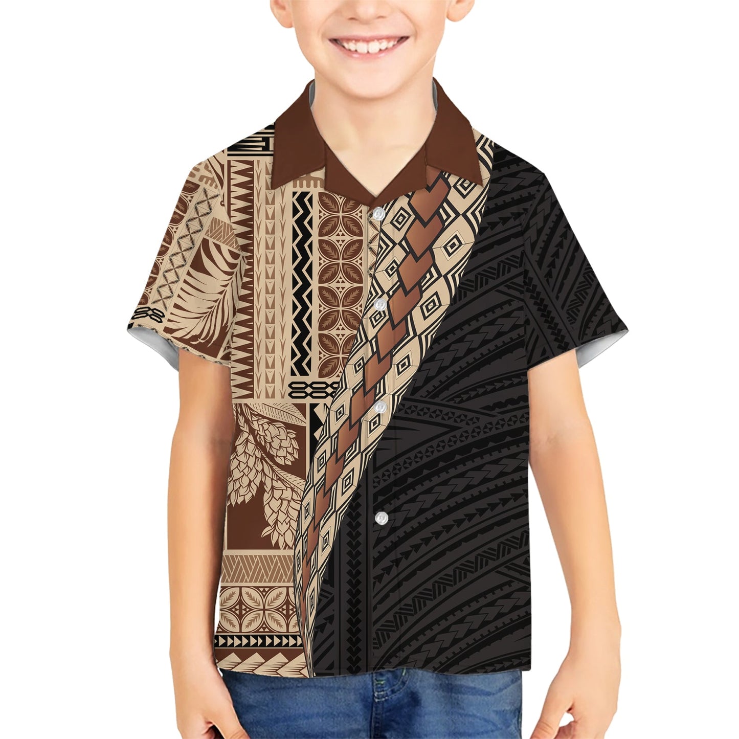 Hawaiihemd im Halbstil mit Samoa-Siapo-Motiv, braune Version LT03