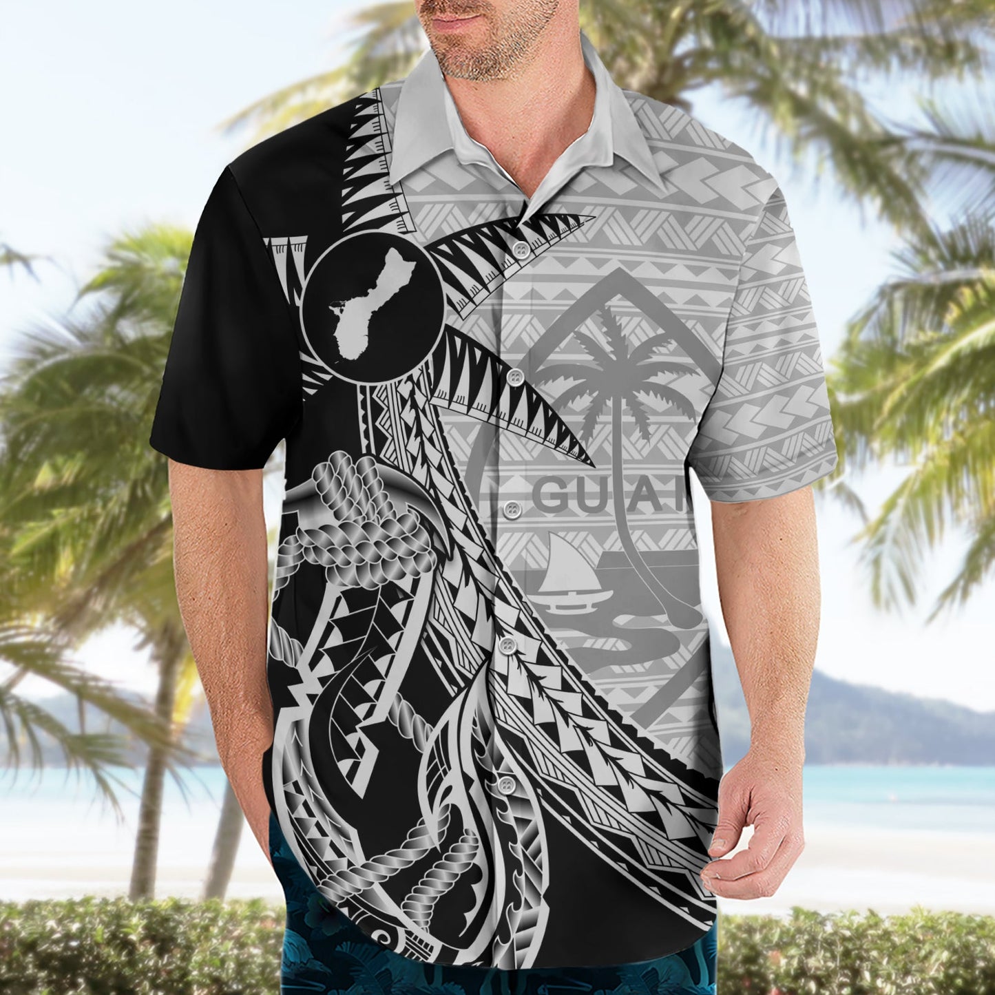 Guam Angelhaken und Palme Hawaiihemd Polynesisches Muster Halbstil LT03