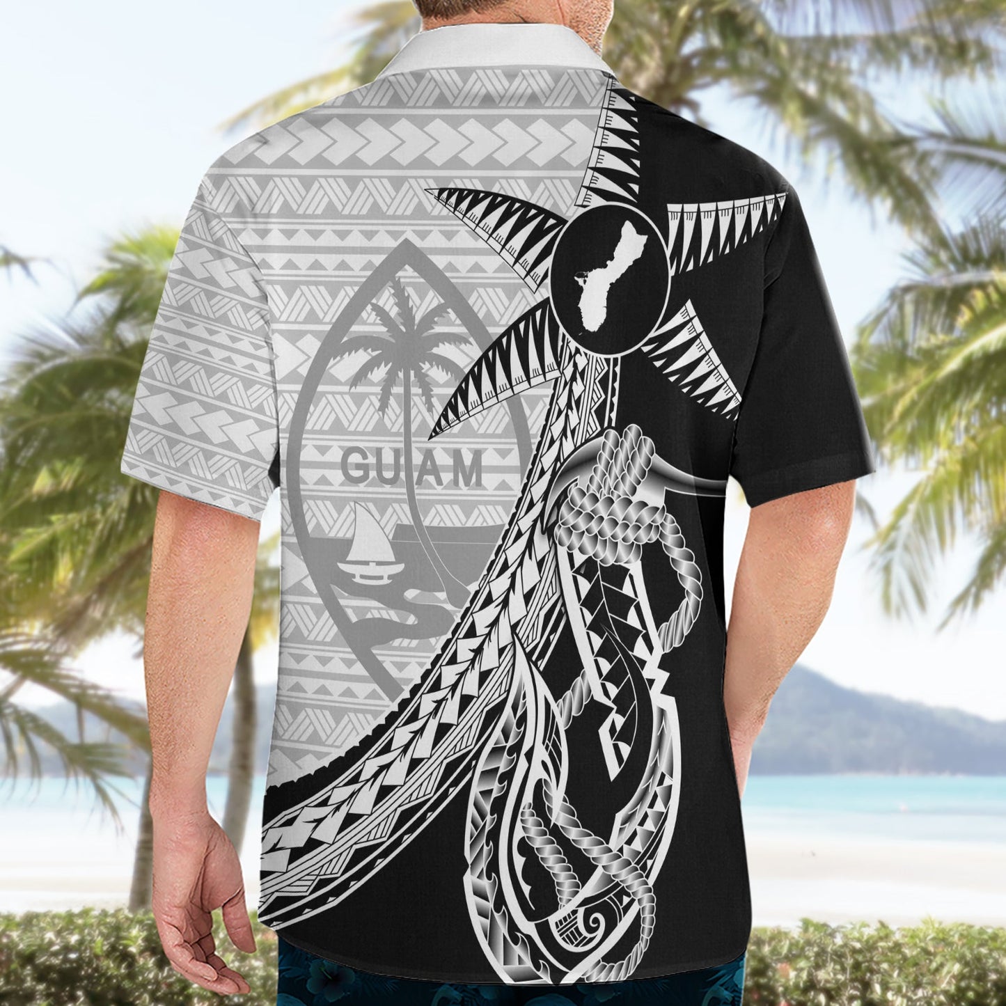 Guam Angelhaken und Palme Hawaiihemd Polynesisches Muster Halbstil LT03