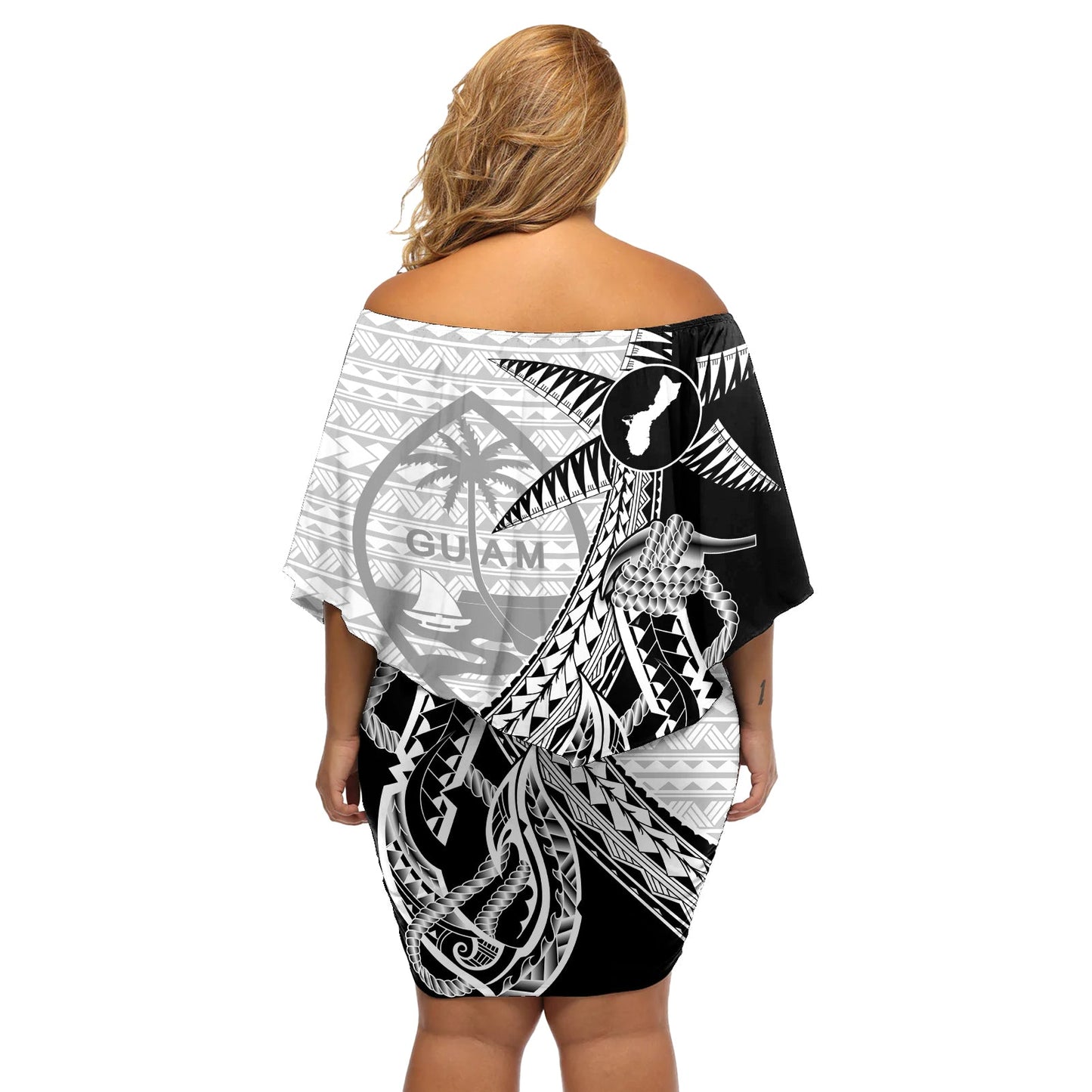 Guam Angelhaken und Palme Off Shoulder Kurzes Kleid mit blumen Polynesisches Muster Half Style LT03