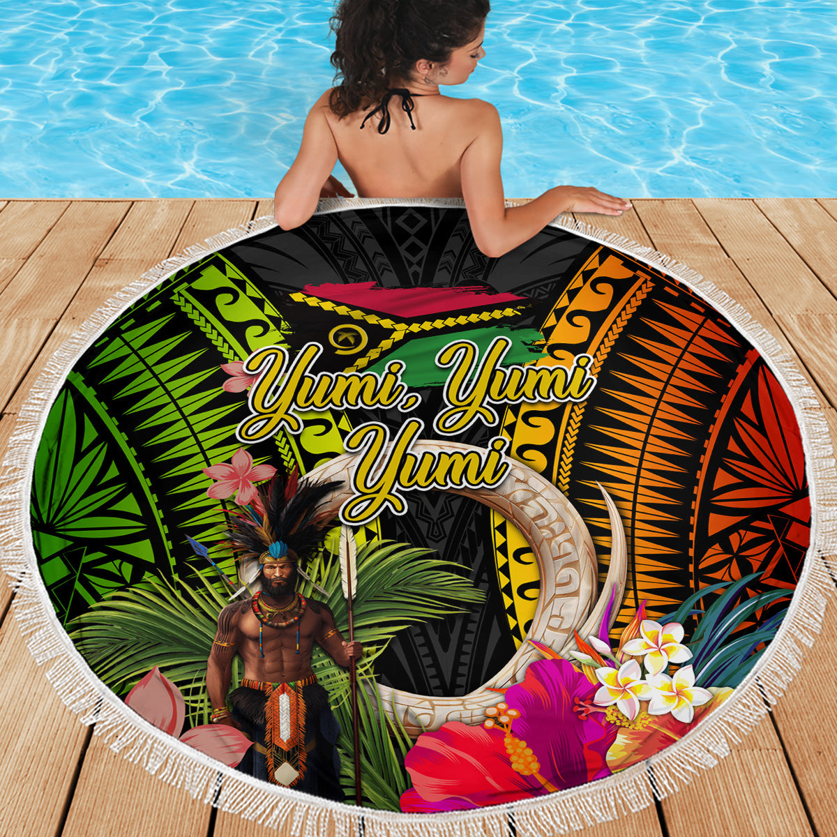 Neuseeland Tuatara Stranddecke Silber Farn Hibiskus und Tribal Maori Muster Blau Farbe LT03