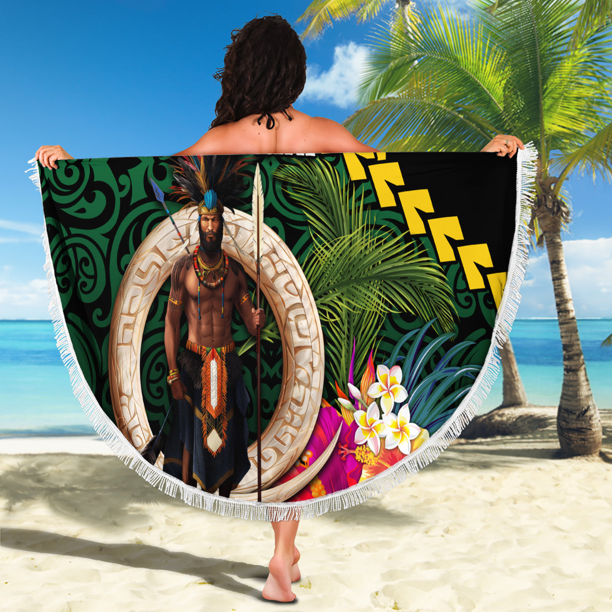 Neuseeland Tuatara Stranddecke Silber Farn Hibiskus und Tribal Maori Muster schwarz Farbe LT03