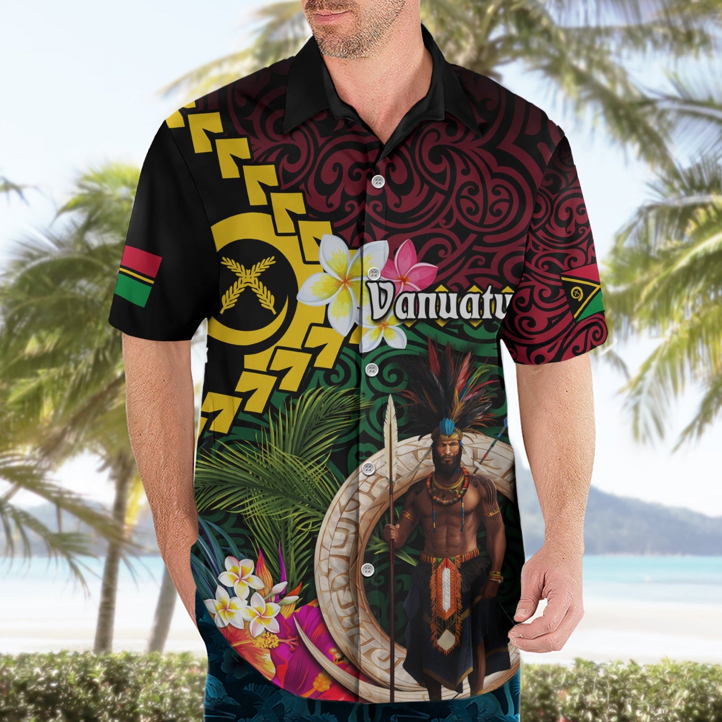 Vanuatu Indipendens Dei Hawaiihemd Wildschweinstoßzahn und melanesischer Krieger Hibiskus LT03