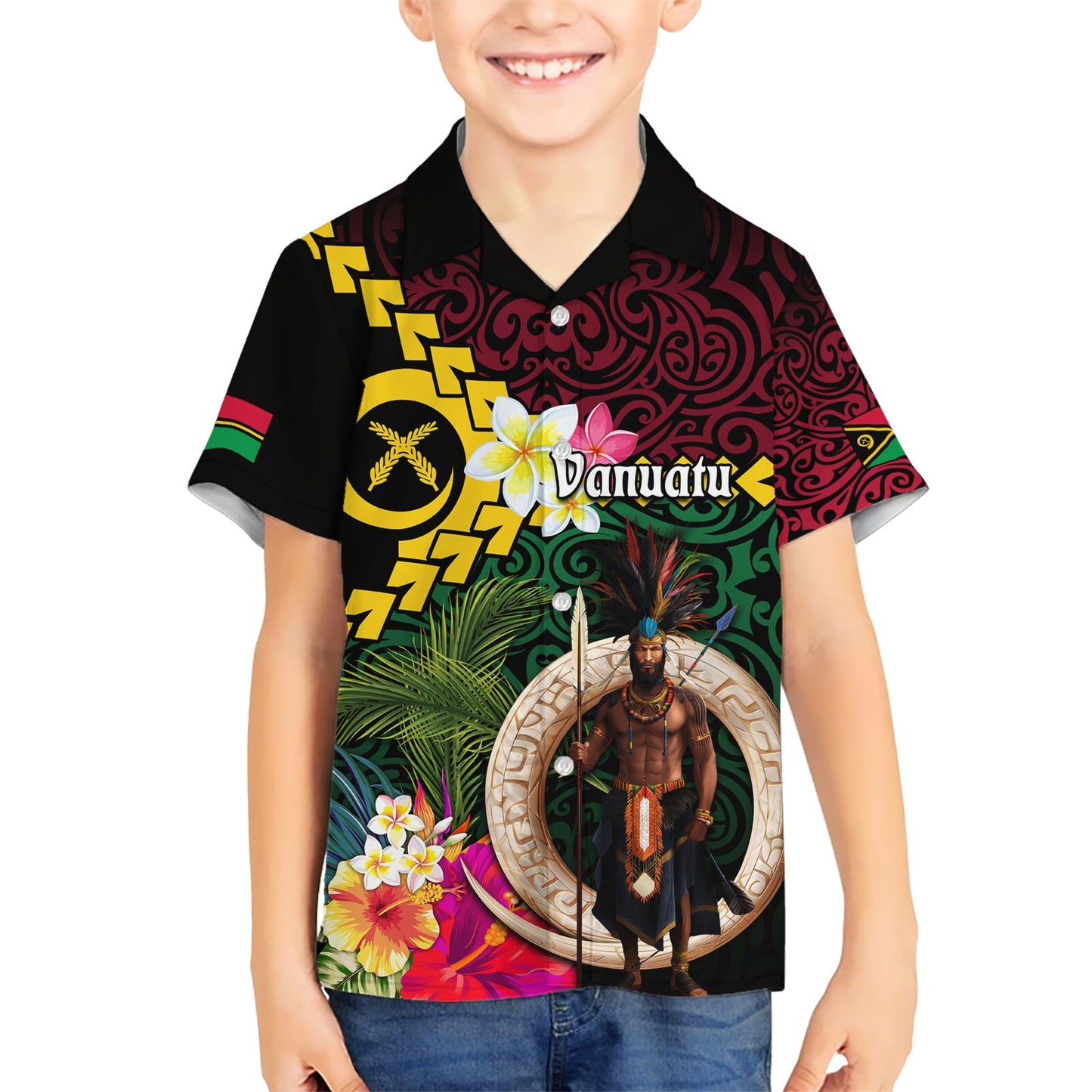 Vanuatu Indipendens Dei Hawaiihemd Wildschweinstoßzahn und melanesischer Krieger Hibiskus LT03