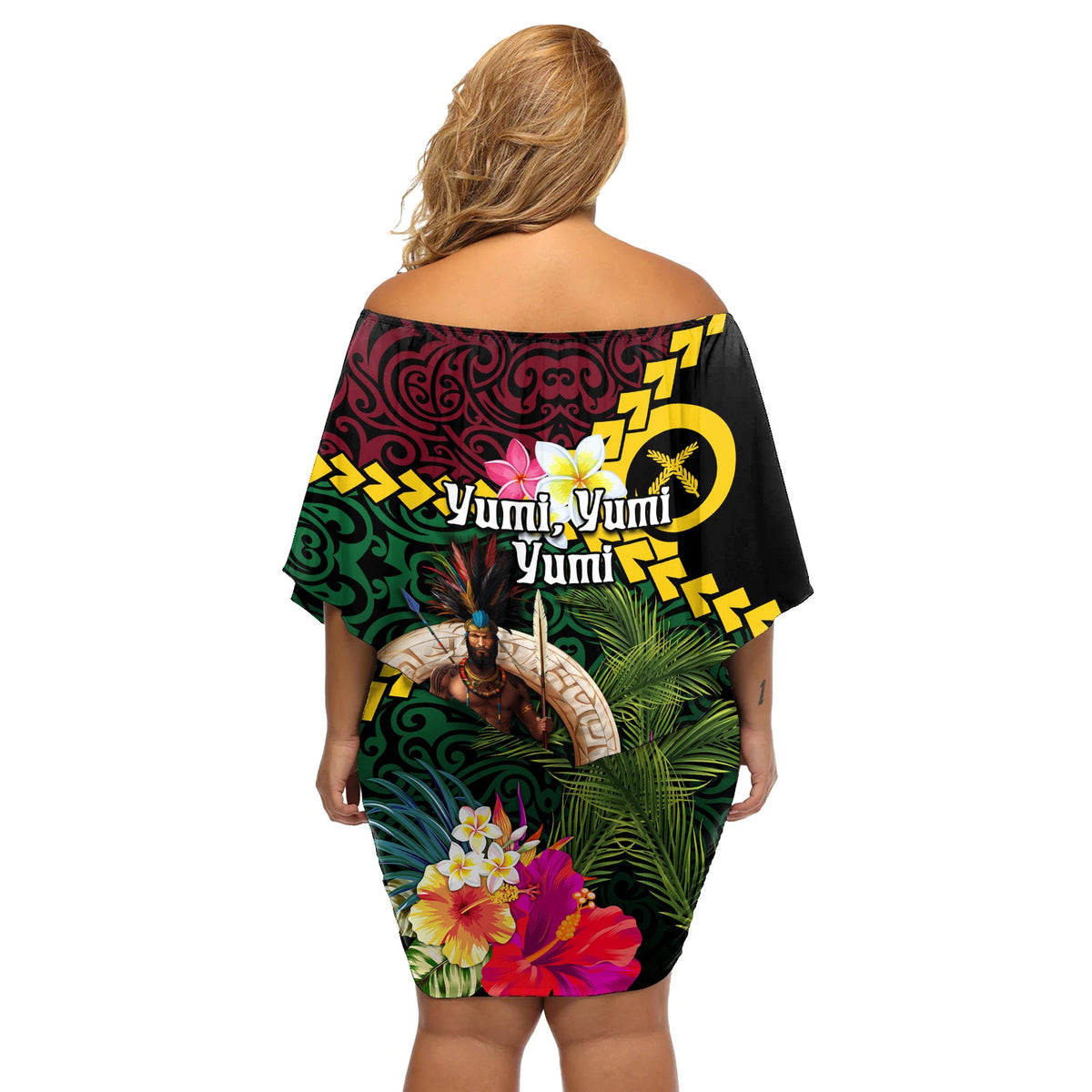 Vanuatu Indipendens Dei Schulterfreies, kurzes Kleid mit blumen mit Wildschweinzähnen und melanesischem Krieger-Hibiskus LT03