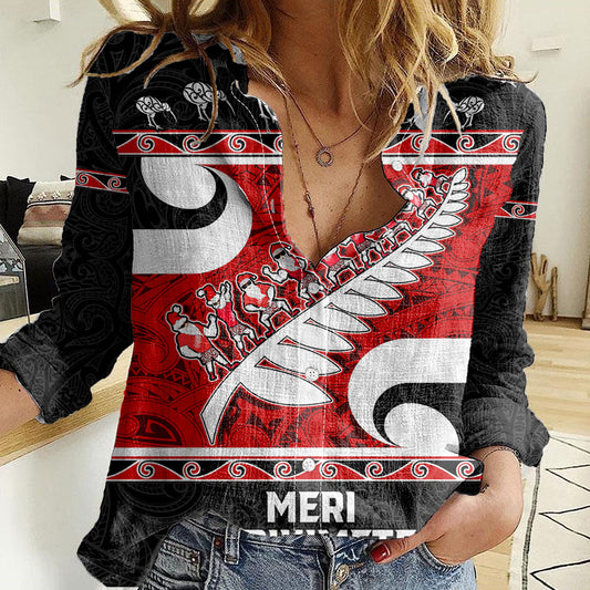 New Zealand Christmas Women Casual Shirt Santa Haka Fern and Kiwi Bird Tino Rangatiratanga Maori Flag Style LT03 Female Black - Polynesian Pride